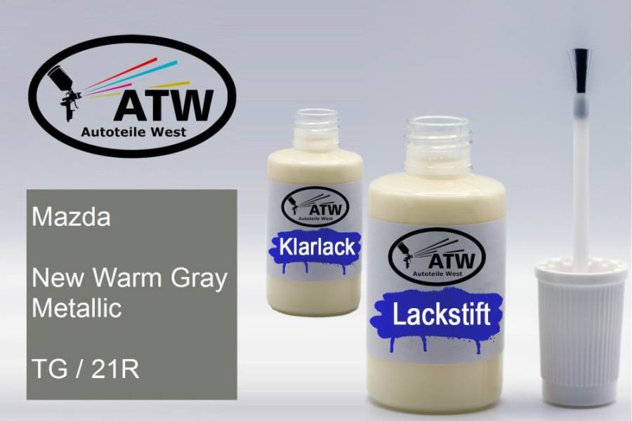 Mazda, New Warm Gray Metallic, TG / 21R: 20ml Lackstift + 20ml Klarlack - Set, von ATW Autoteile West.